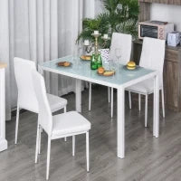 Set 5 Pezzi con 1 Tavolo e 4 Sedie per Cucina o Sala da Pranzo in Finta Pelle, Metallo e Vetro Temperato, Bianco