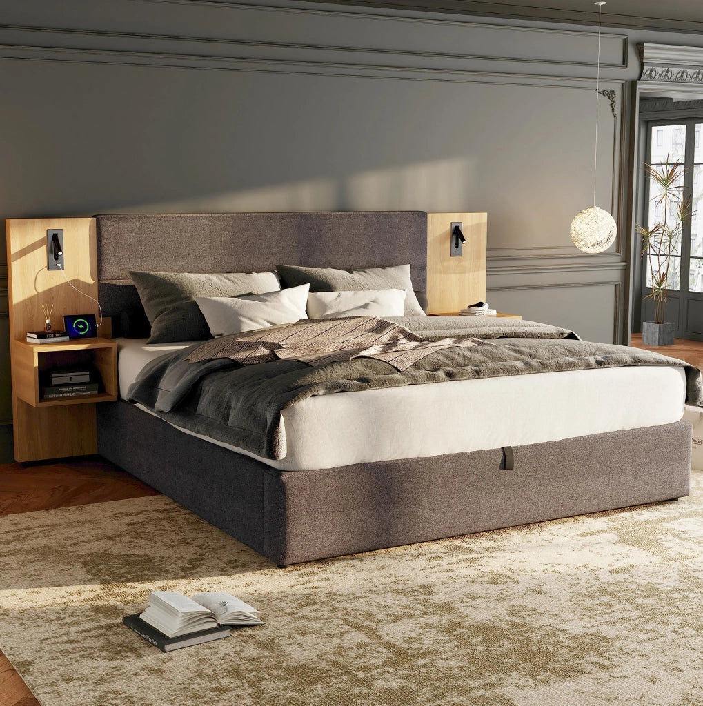 Letto matrimoniale 160x200 cm in velluto con contenitore idraulico; USB e 2 comodini; naturale e grigio
