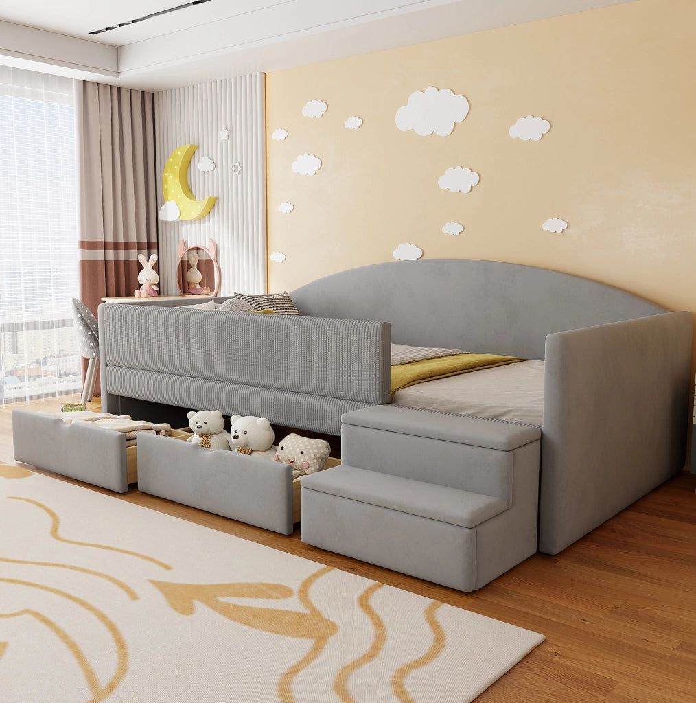 Letto imbottito 90x190 cm con due cassetti e scalini in velluto
