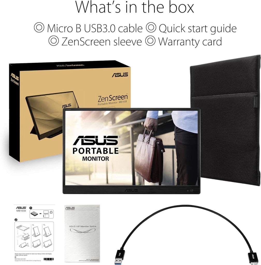 ASUS ZenScreen Monitor Portatile 15.6” 1080P FHD (MB165B) - Monitor da viaggio IPS USB-C, Anti-sfarfallio, Filtro Luce Blu, Display Esterno per Laptop e Macbook