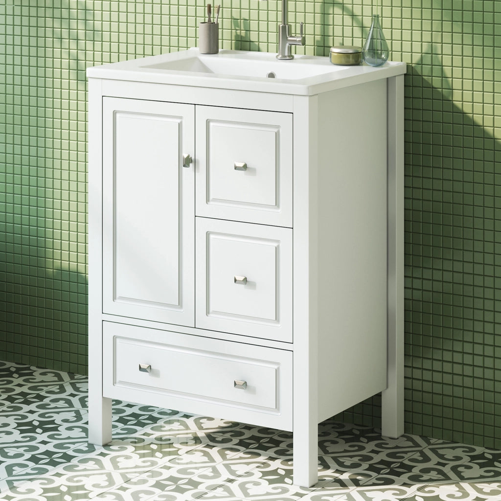 Mobile sottolavabo da bagno con lavabo in ceramica 1 anta e 3 cassetti per bagno in MDF e ceramica bianco 62 × 47 × 90 cm