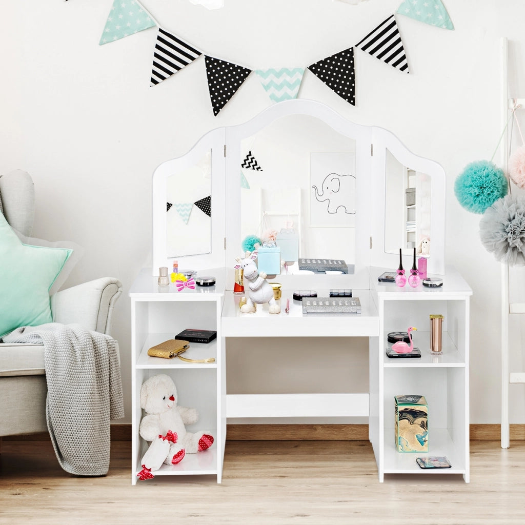 Toeletta design smontabile 2 in 1 per bambini-Toeletta make-up principessa con 4 mensole grandi e specchio-Bianco