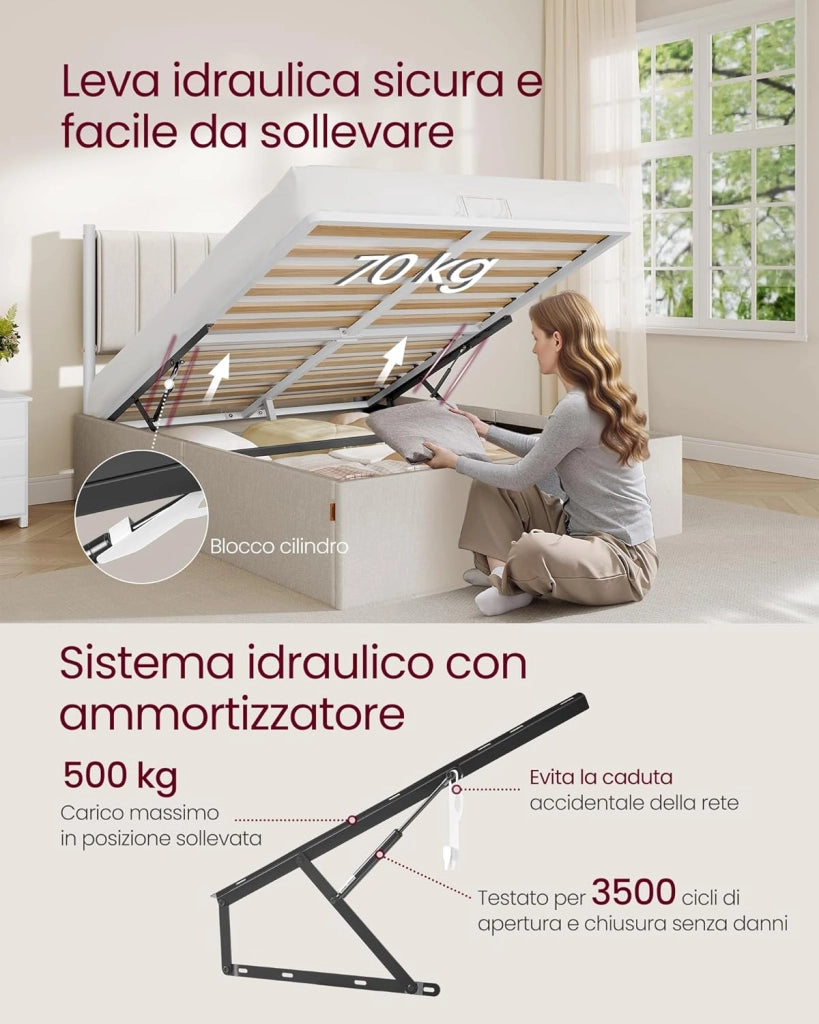 VASAGLE Struttura Letto, 140 x 200 cm, Letto Sollevabile con Contenitore, Testiera, Sollevamento Idraulico, Moderno e Semplice, Montaggio Facile, Beige Cappuccino RMB614LH01