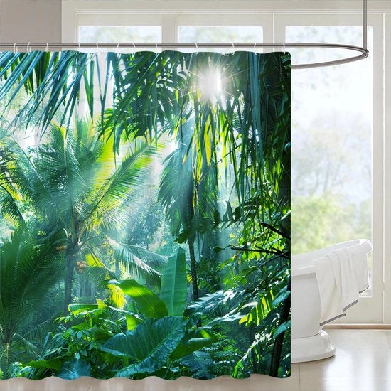 Douchegordijn 180x180 con paesaggio di palme in un verde tropicale, realizzato in poliestere idrorepellente, lavabile.