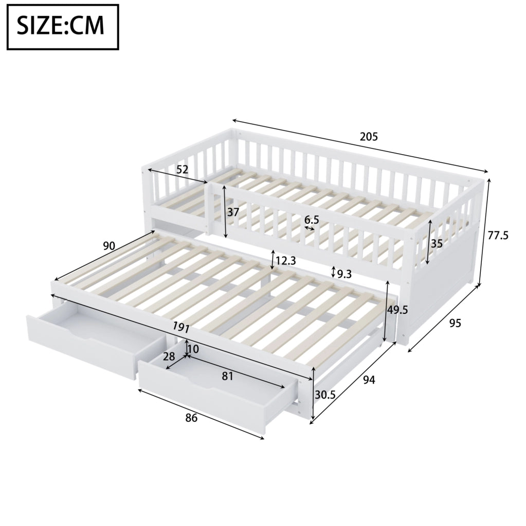 Divano letto multifunzionale con letto estraibile; 2 cassetti e sponde di sicurezza; 90x200 cm; bianco