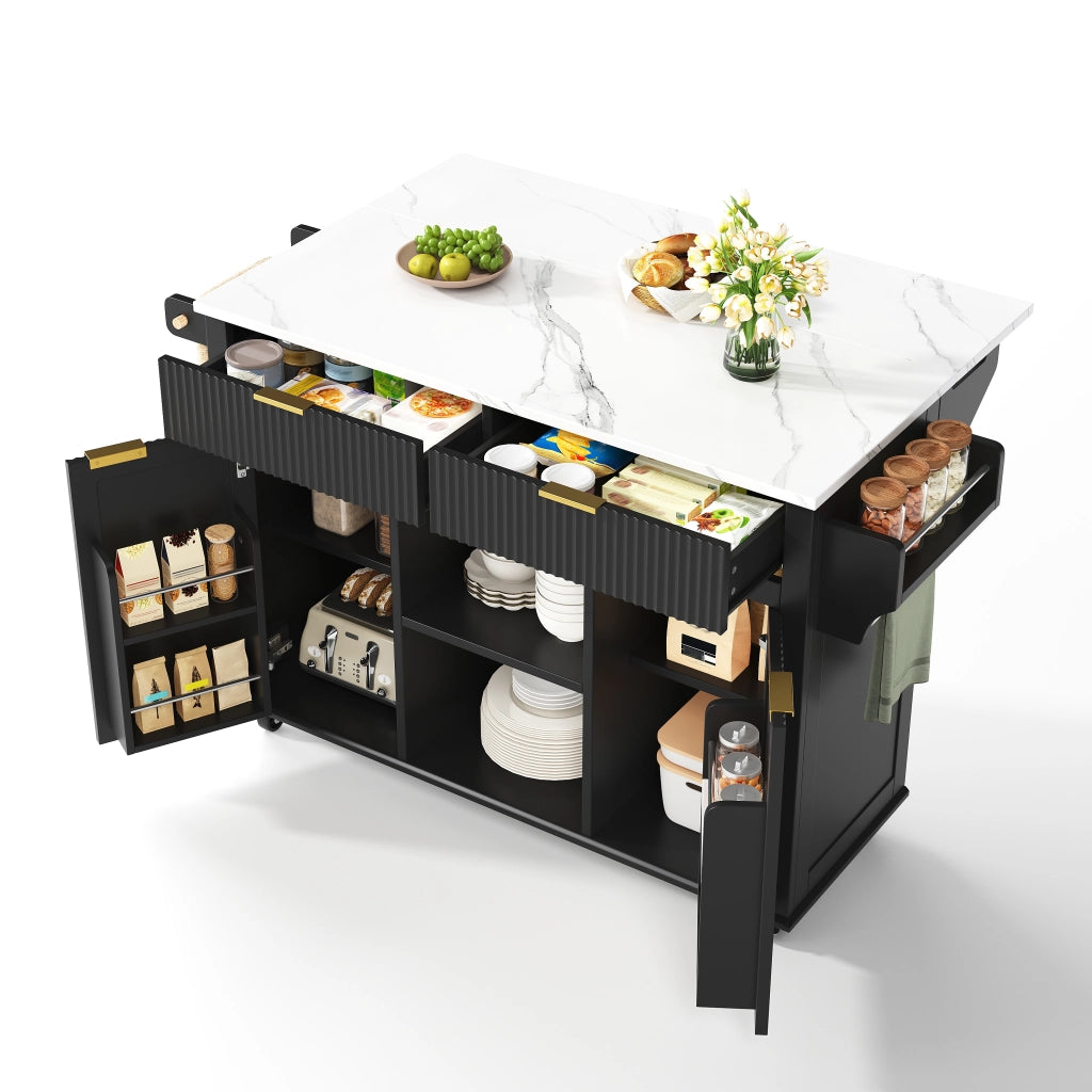 Isola da cucina su ruote 143 x 45/69 cm con piano ribaltabile, 2 cassetti, 2 ante e porta-spezie, finitura Nero/Naturale