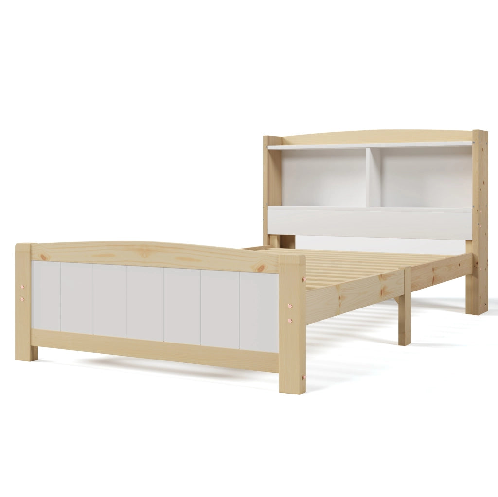 Letto singolo 90x200 cm in legno massiccio bianco con testiera contenitore e rete a doghe