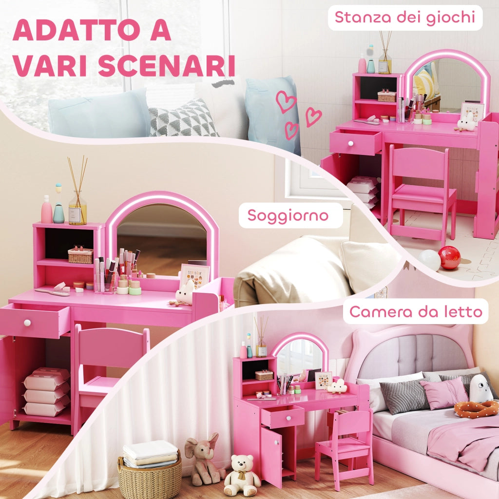 Set Toeletta Trucco per Bambini 2 in 1 con Specchio Luce LED 88,6x38,8x96,9 cm e Sedia in MDF Rosa