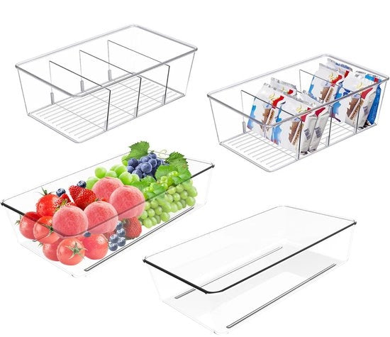 Organizzatore per frigorifero a 4 (2 misure) con compartimenti, organizzatore per la cucina con lavello, organizzatore per carrello, cassetto a pile per snack, the e spezie