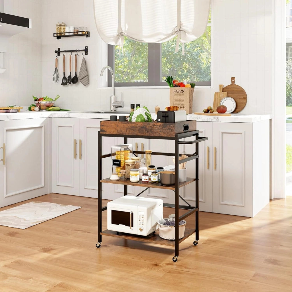 Carrello da Bar a 3 Ripiani, Carrello da Servizio Industriale con Vassoio Rimovibile, 4 Ruote Bloccabili e 1 Maniglia, Carrello da Cucina con Ruote, 73 x 40 x 94 cm