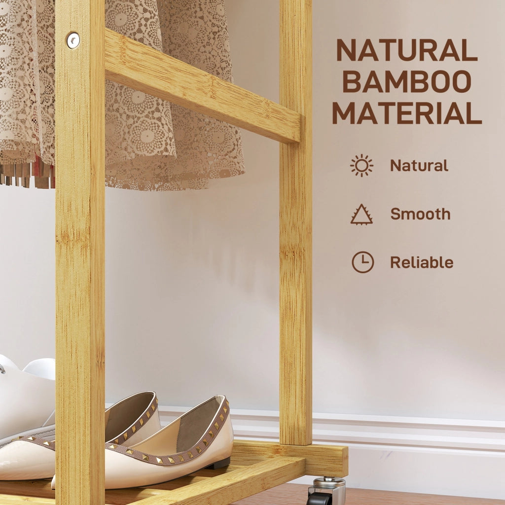 Stender Appendiabiti con 2 Barre 80x40x160 cm Ripiano Inferiore e 4 Ruote in Bambù Colore Legno Naturale
