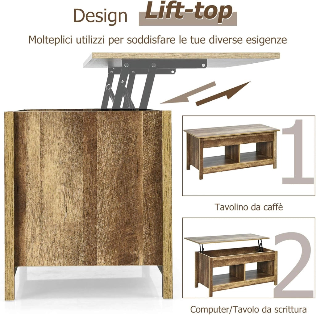 Tavolino Salotto Sollevabile, Tavolino da Caffè Basso con Scompartimenti Nascosti e Mensole, Tavolino Moderno per Soggiorno, Salone e Studio, 109 x 47,5 x 50-63 cm (Quercia)