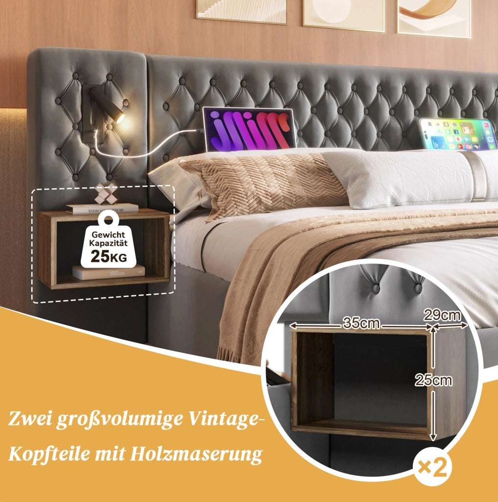 Letto matrimoniale 180x200 cm con comodini, luci e USB-C