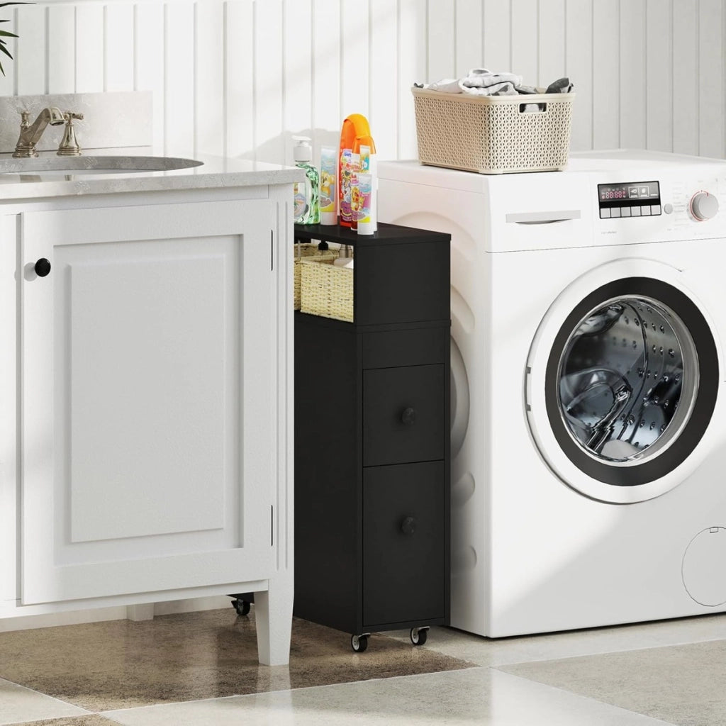 Mobile bagno armadietto stretto per spazi ridotti, Arredo salvaspazio con 2 cassetti Nero