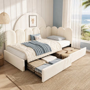 Letto imbottito singolo 90x200 cm in velluto beige con 2 cassetti, rete a doghe, struttura L e contenitore salvaspazio