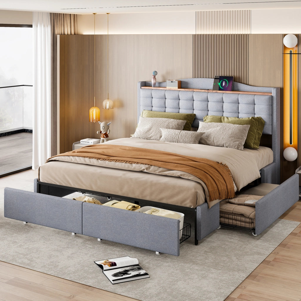 Letto Contenitore Letto Matrimoniale 160x200 cm; USB; Mensola e 4 Cassetti; Grigio