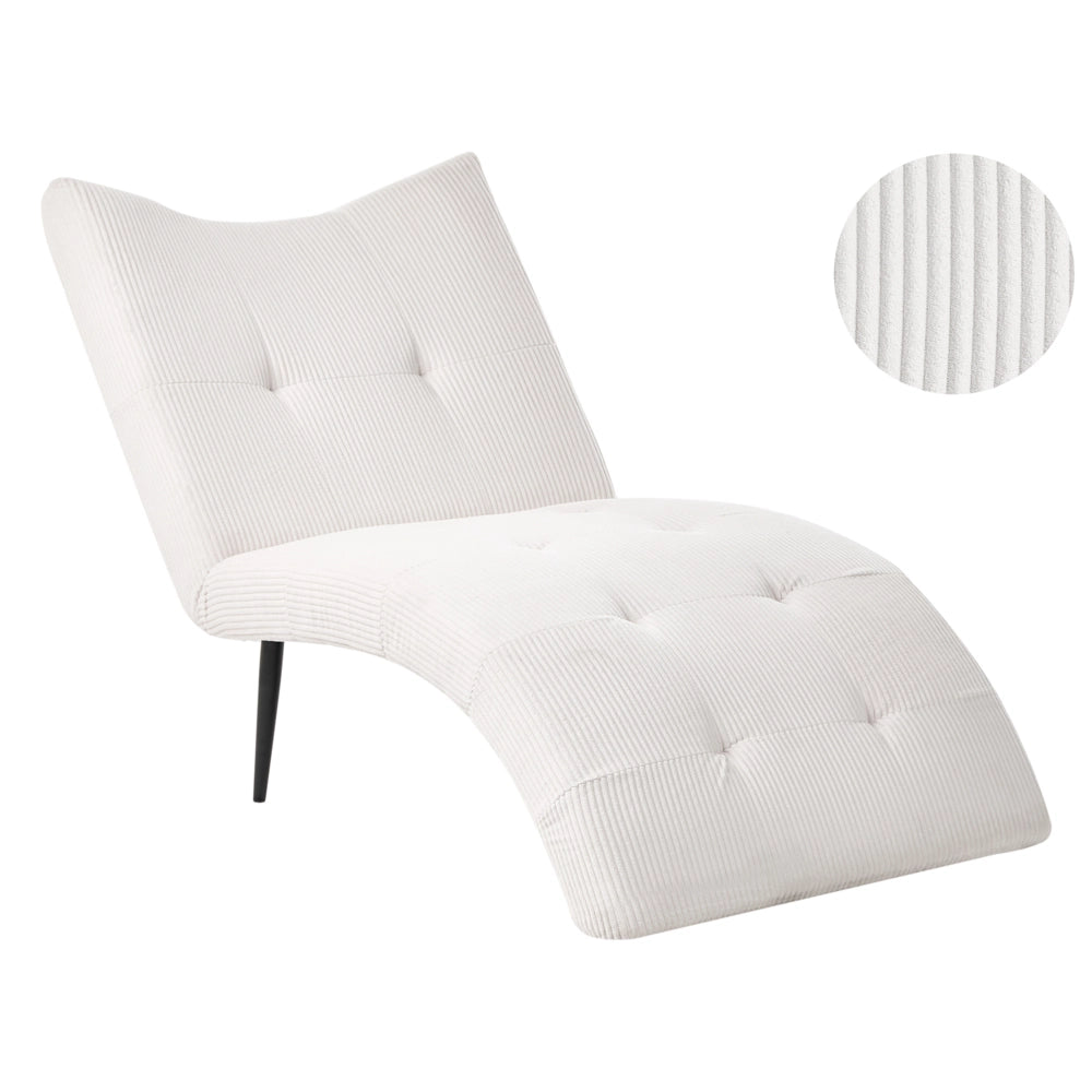 Chaise longue con rivestimento in velluto a coste bianco sporco trapuntatura a bottoni, senza braccioli, design moderno per soggiorno