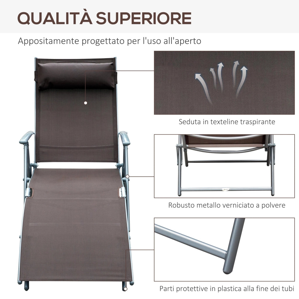 Lettino Prendisole Relax Reclinabile Pieghevole Telaio in Metallo Marrone 137x63.5x100.5 cm