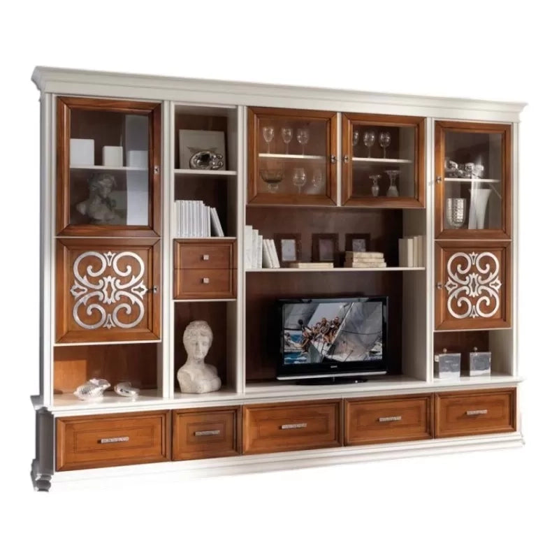 Parete attrezzata classica in legno bianco noce particolari argento 328x55x245 (1227) - Mobili 2G