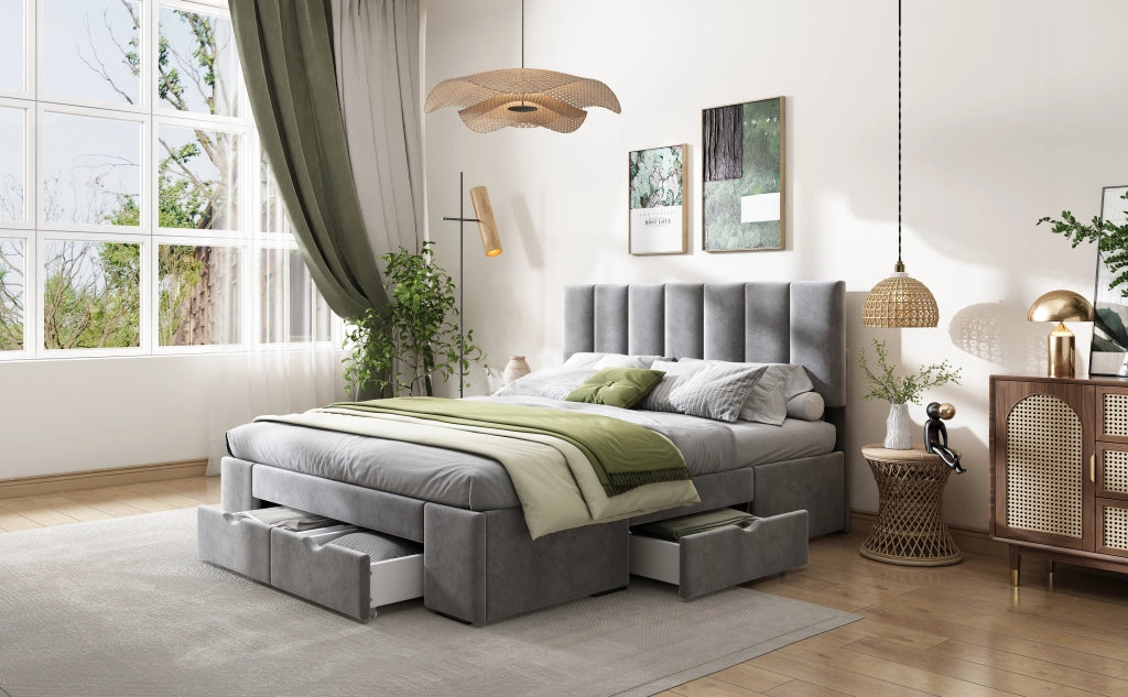 DESMIU Letto imbottito 140 × 200 cm 2 posti con 4 cassetti, testiera regolabile, senza materasso, velluto grigio