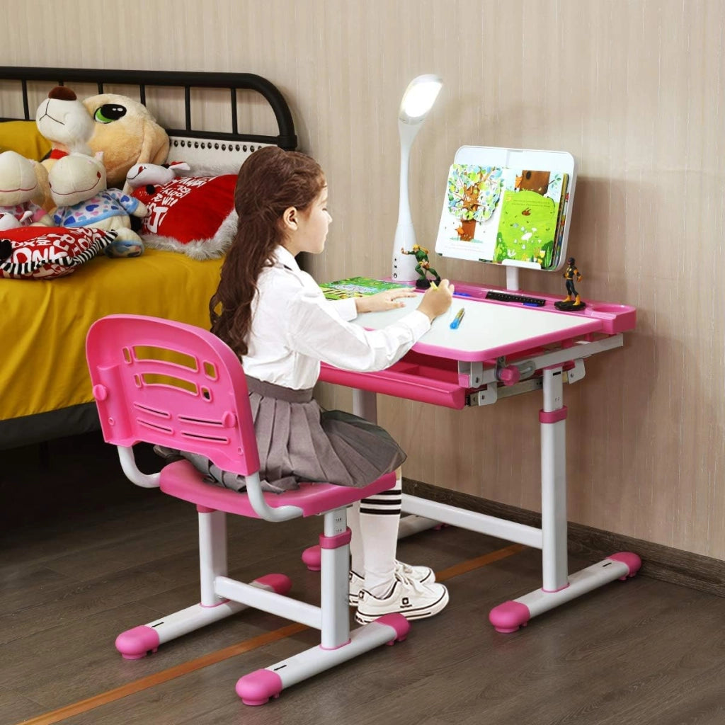 Set Scrivania e Sedia per Bambini 3-12 Anni, Altezza e Angolo Regolabile e Multifunzionale, Con Lampada di Protezione per gli Occhie Cornice per la Lettura (ROSA)