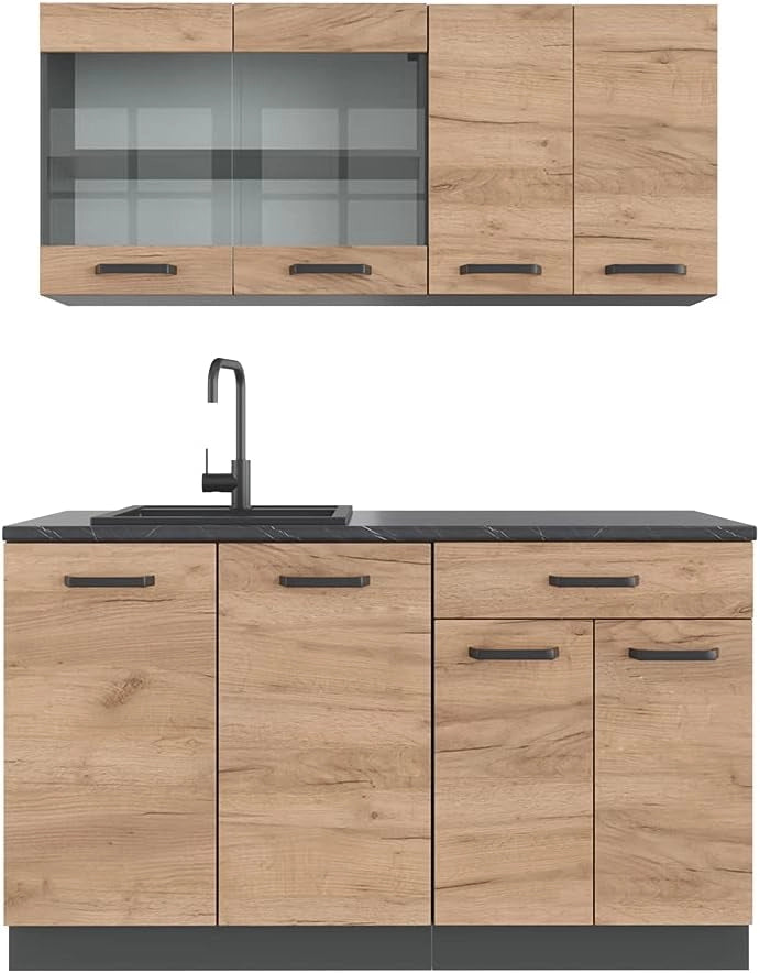 Cucina completa R-Line, Quercia dorata, 140 cm senza piano di lavoro, adatto per l'espansione flessibile con moduli aggiuntivi