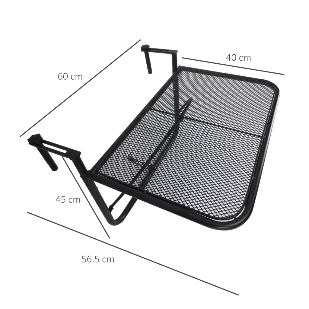 Tavolo sospeso per balcone; altezza regolabile; metallo quadrato nero 60x56.5x45cm; ideale per balcone e terrazza