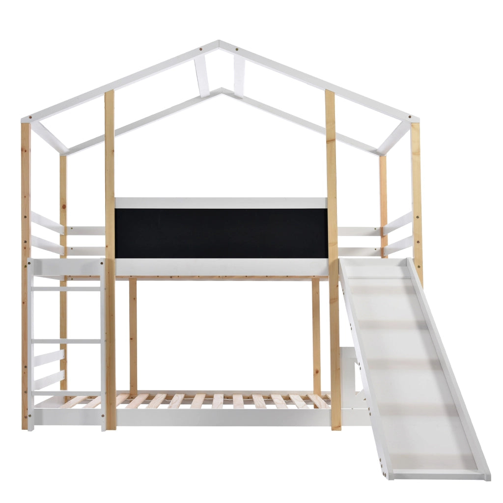 OKWISH Letto a Casetta 90×200 cm, Letto Singolo con Scivolo, Scala e Lavagna, senza Materasso, in Legno Massello, Bianco