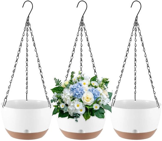 3 pacchi di contenitori per piante appesi, 20,5 cm, contenitori per piante appesi con catenine, fori di drenaggio e ciotola rimovibile, per interni, esterni e balconi (bianco)
