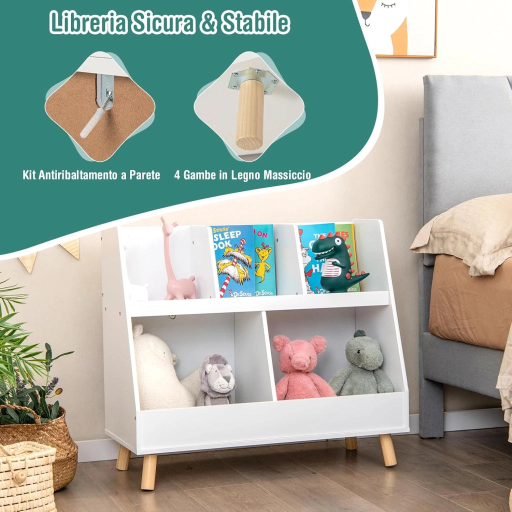 Libreria per Bambini a 5 Cubi, Scaffale Portagiochi a 2 Livelli con Gambe in Legno e Kit Antiribaltamento, per Stanza dei Giochi Camera da Letto, 80x35x71 cm