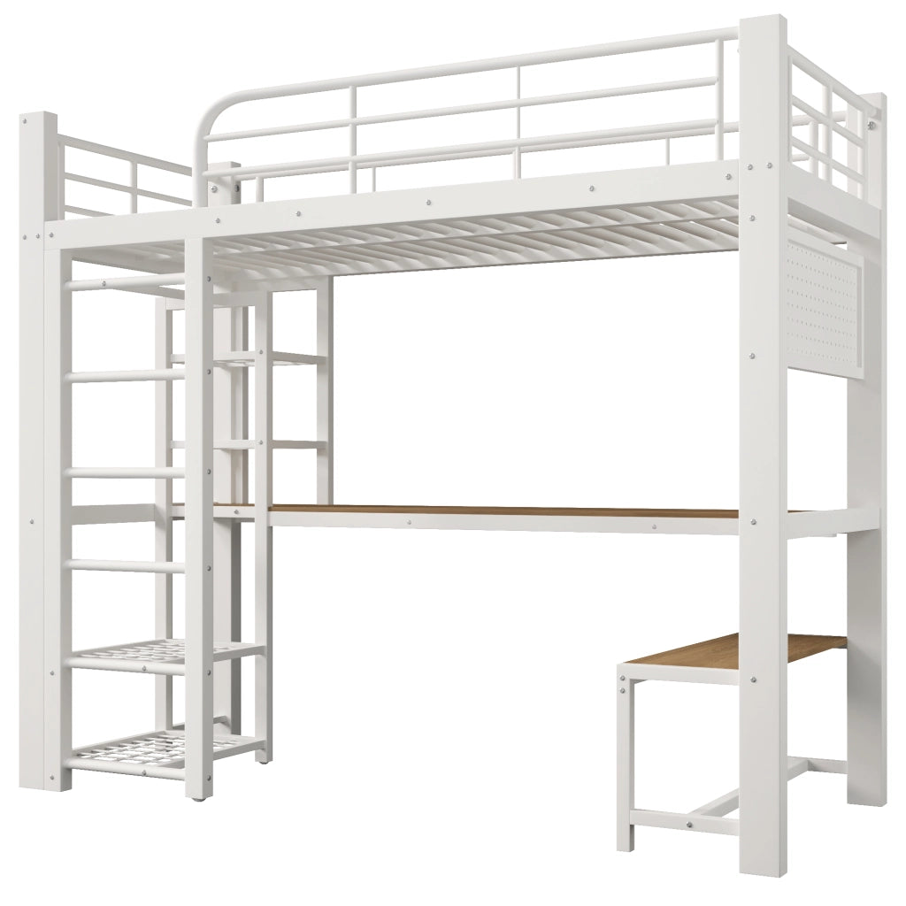 Letto a soppalco singolo 90×200 cm con LED; scrivania e ripiani; senza materasso; metallo; bianco
