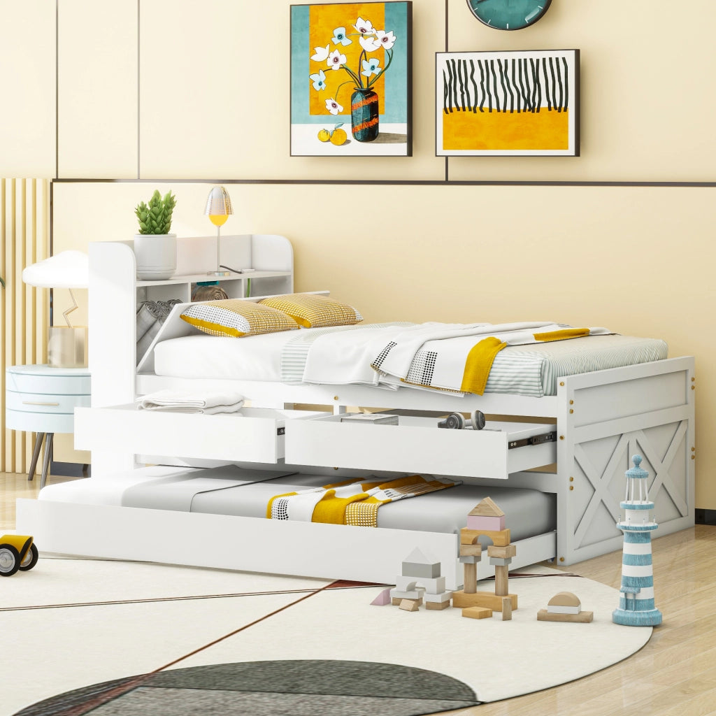 LETTO 90x190 cm in legno massello bianco con 2 cassetti, letto estraibile, USB