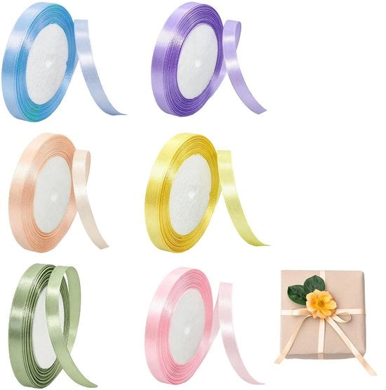 Set di Lint Satinato a 6 Colori - Cadeaulint - Decorativo - Materiale per Fai da Te - 10 mm x 22 m - Lint Satinato di Alta Qualità