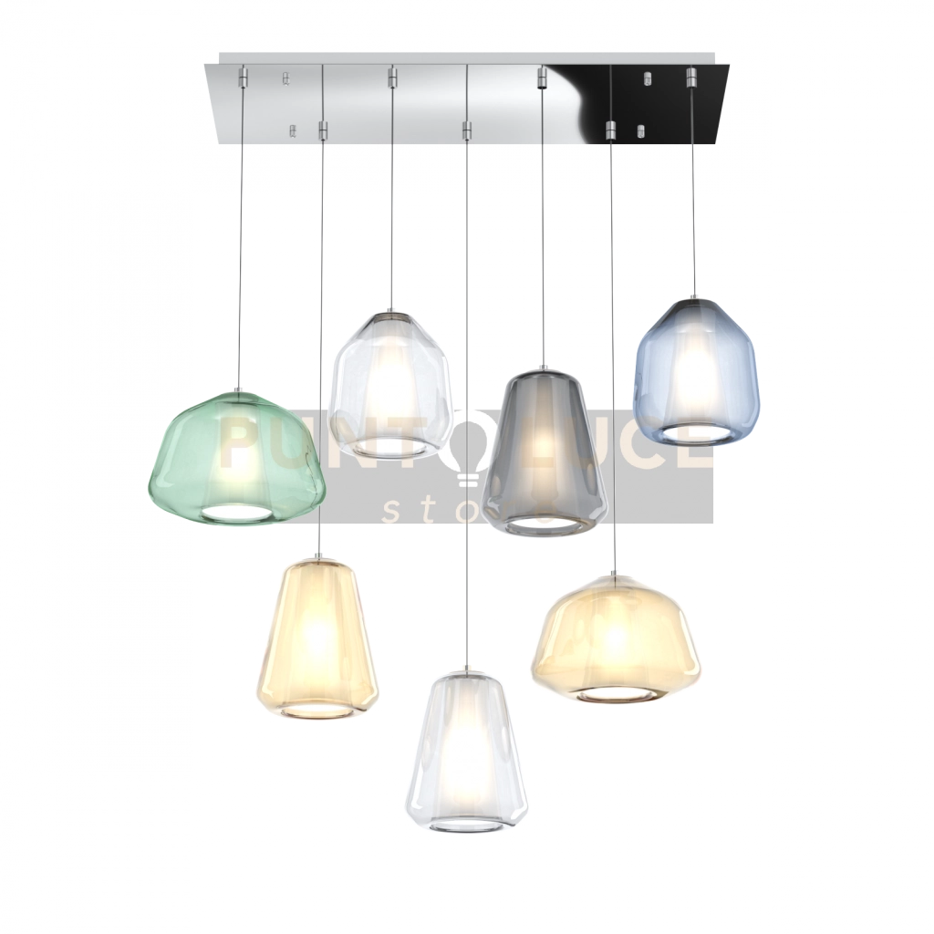 SOSPENSIONE CROMO 7 LUCI RETTANGOLARE VETRI (ALPHA VE + AM) (BETA TR + BL) (GAMMA TR + AM + FU) 1176CR-S7 R ABG-MC