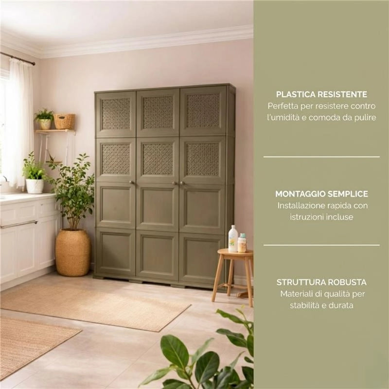 ARMADIO 3 ANTE WENGÉ 118X43X164 CM CON PUNTALI, ANTE TRAFORATE E VANO PORTASCOPA – MOBILE ALTO ORGANIZZATORE PER INGRESSO E RIPOSTIGLIO