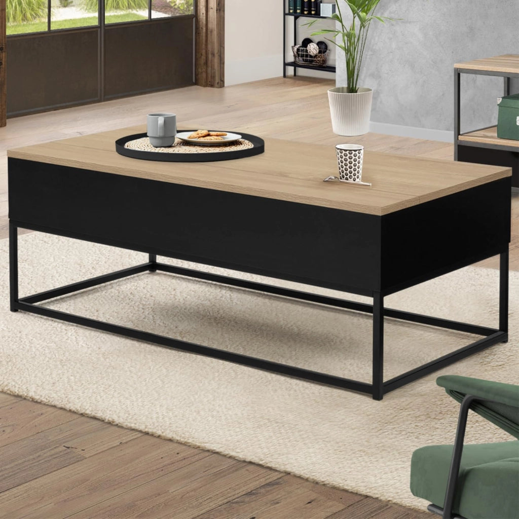 Tavolino rettangolare con piano sollevabile BOSTON 100 cm nero design industriale piano in legno