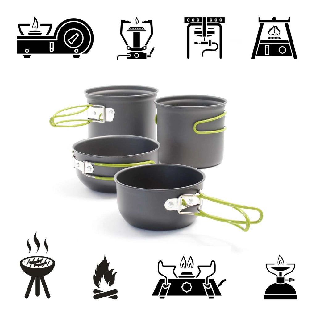 Toboli Set di stoviglie da campeggio 16 pz con posate, padelle, pentole, fornello