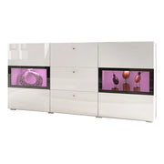 Buffet RAMOS – Colore bianco lucido e nero – LED multicolori integrate - 2 porte vetrate + 3 cassetti