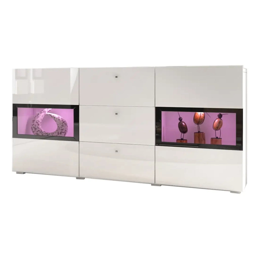 Buffet RAMOS – Colore bianco lucido e nero – LED multicolori integrate - 2 porte vetrate + 3 cassetti