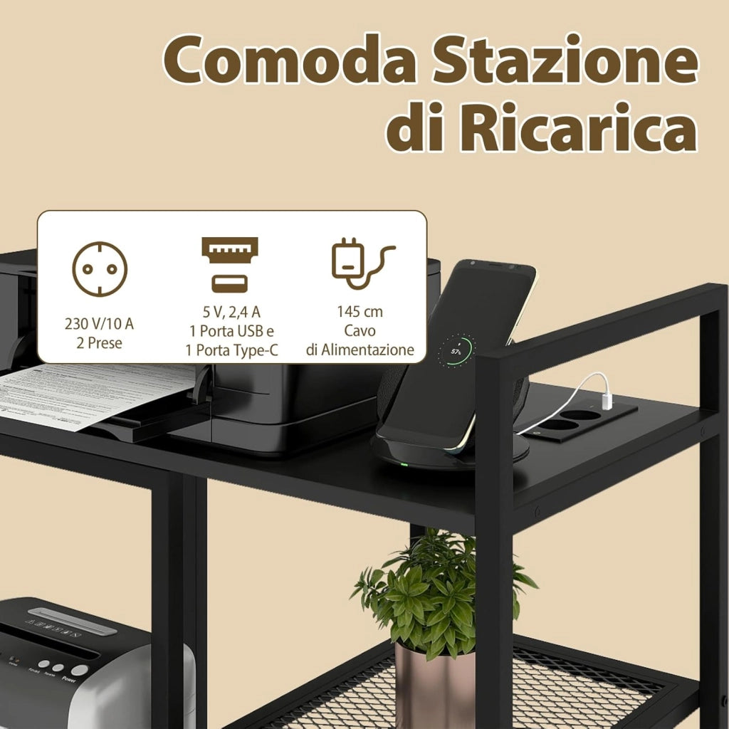 Supporto per Stampante con Stazione di Ricarica, Tavolino per Stampante a 3 Ripiani con Scaffali Portaoggetti, Supporto Mobile con Ruote Blocccabili per Studio e Ufficio (Nero)