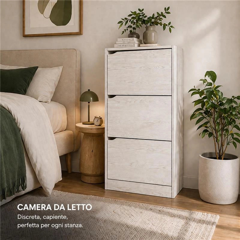 SCARPIERE A 3 ANTE CON PANNELLO RETROSTANTE IN MDF COLORE BIANCO LEGNO MISURA 63X24X115 CM LINEA HARMON