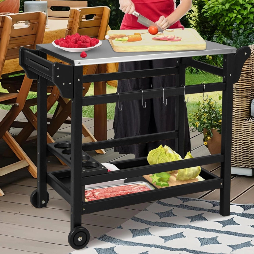 Carrello Barbecue da Esterno, Stand per Forno a Pizza con Piano in Acciaio Inox Vassoio e Portabottiglie, con Maniglia e Ruote per Cucina Giardino, Carico 150kg, 105x54x85 cm