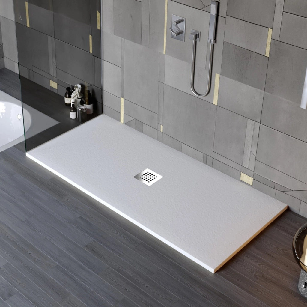 Piatto doccia in marmo resina effetto pietra con foro centrale grigio chiaro chic, misura 75x140