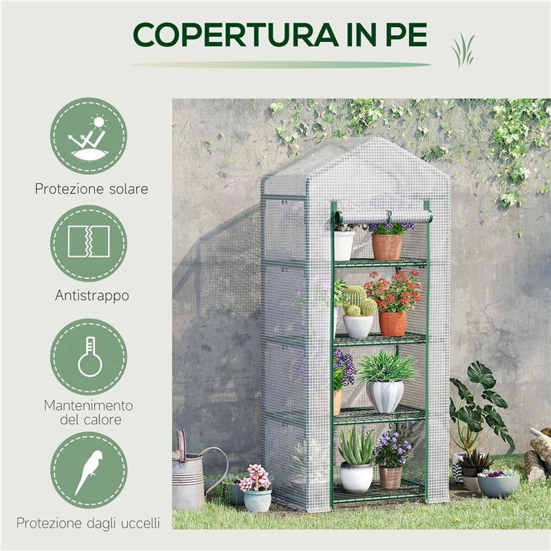 SERRA PER PIANTE VERTICALE CON SCAFFALE A 4 RIPIANI IN ACCIAIO E PE BIANCO, 70X50X160CM