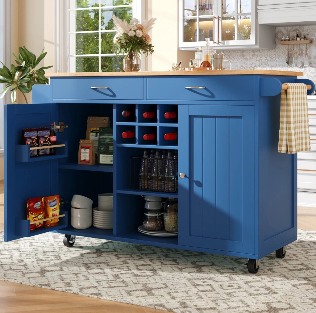 Isola cucina 102x45x92 cm con ruote bloccabili e spazio laterale; MDF e metallo; blu