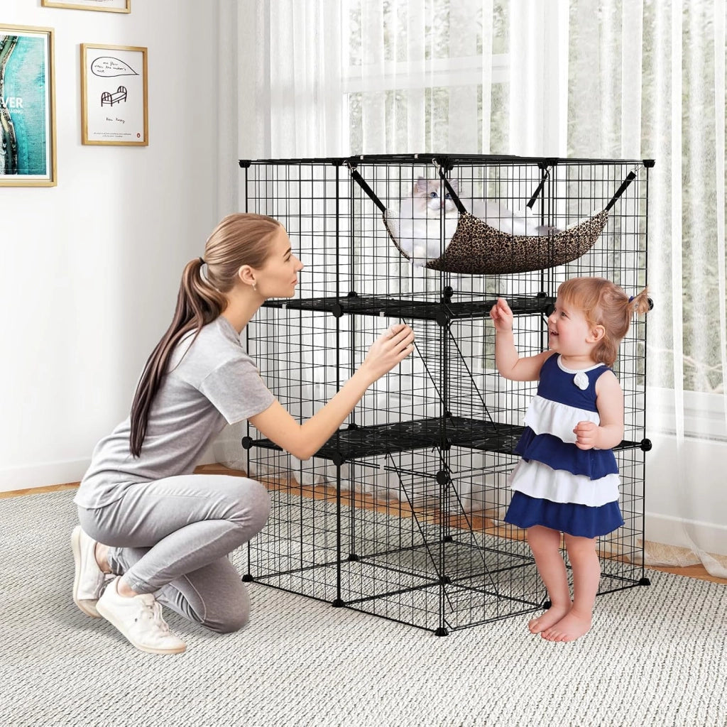 Gabbia per Gatti a 3 Piani in Metallo e PP, Torre per Animali con Amaca Comoda, Scale, Porte e Finestra, Recinto in Filo Metallico per Furetti, Conigli e Cani (74 x 74 x 107,5 cm)