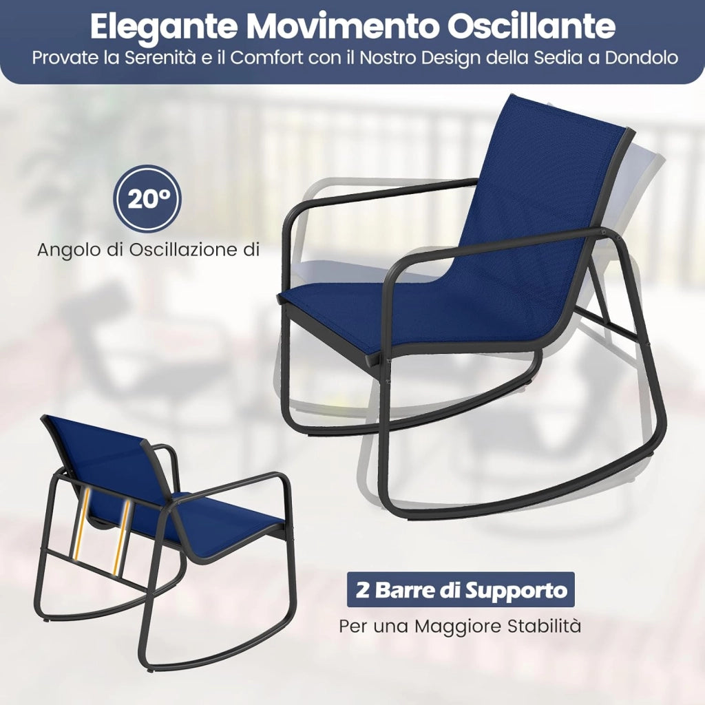 Set da Giardino 4 Pezzi in Tessuto Textilene, Set da Bistrò da Patio, Tavolo e Sedie con Tavolino in Vetro, 2 Sedie e Divanetto a Dondolo, per Giardino Coltile Terrazza (Blu)