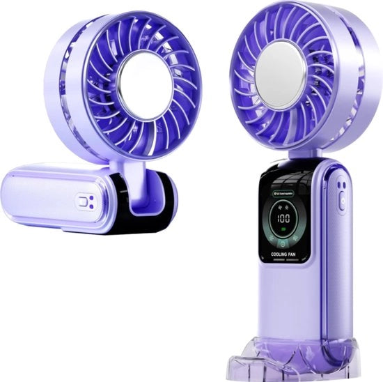 Ventilatore portatile monoblocco con maniglia e cinturino, batteria ricaricabile USB-C, 5 velocità, display LED, mini-ventilatore per viaggi, spiagge, crociere, concerti e attività all'aperto.