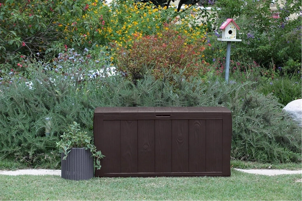Baule da Giardino in Resina Effetto Legno con Ruote e Chiusura Lucchettabile Colore Marrone Sherwood Keter
