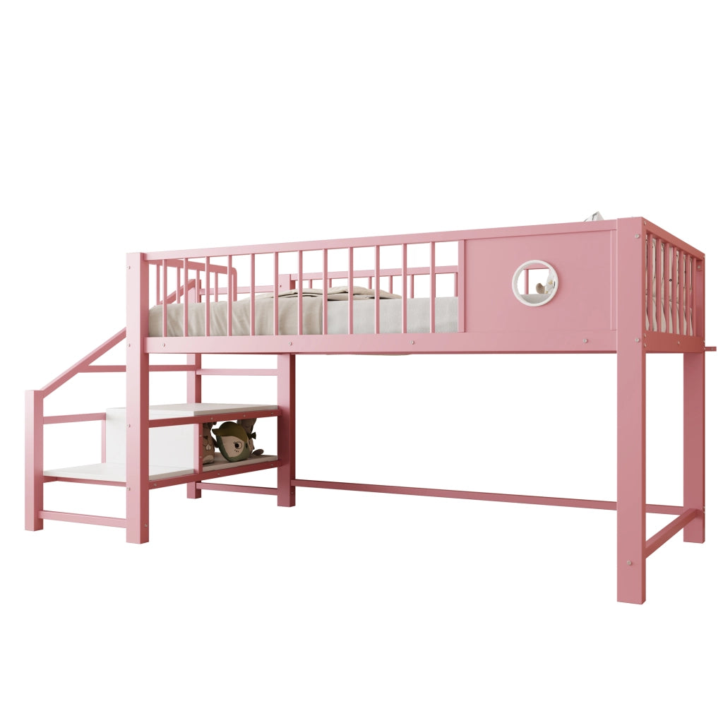Letto a soppalco basso per bambini e adolescenti 90 × 200 cm con scala contenitore, senza materasso, in metallo, rosa